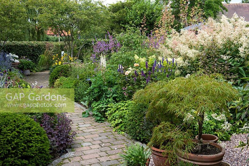 View over brick path and container plants to a full flower border. Plants include: Astrantia, Agastache 'Blackadder', Rosa 'The Lark Ascending' - English Shrub Rose, Veronicastrum virginicum and a froth of Persicaria polymorpha