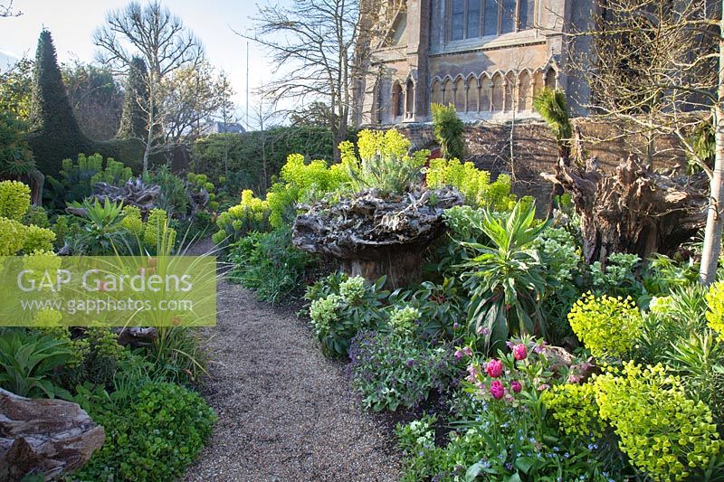 Pathway through colourful spring planting in the Stumpery Garden, with Helleborus foetidus, Euphorbia, tulips, fritillaries and Pulmonaria. Arundel Castle, West Sussex, UK.
