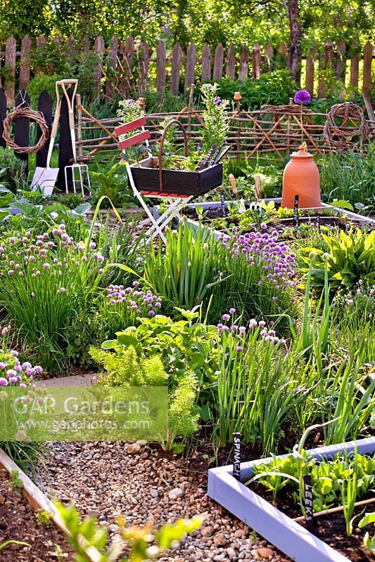 Vegetable garden in early May, featuring trug of vegetable and herb seedlings on a seat and mixed beds with new growth of perennials, herbs and vegetables.