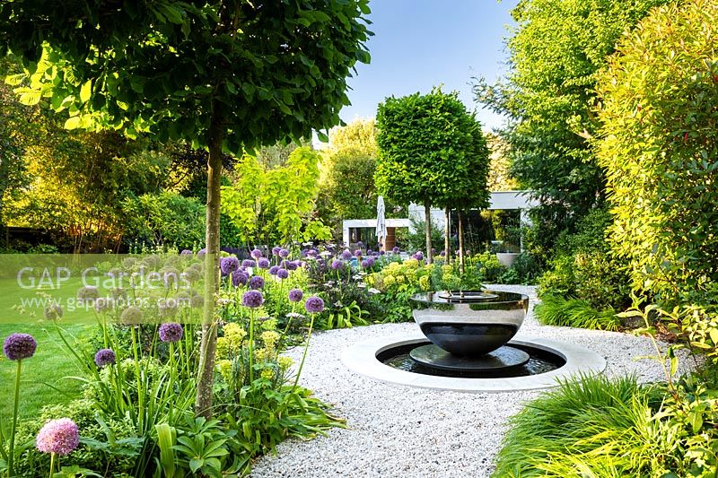 View of gravel path leading to David Harber water feature, surrounded by a row of box-headed pleached Carpinus betulus - hornbeams, Allium 'Globemaster' and Euphorbia characias subsp. wulfenii.