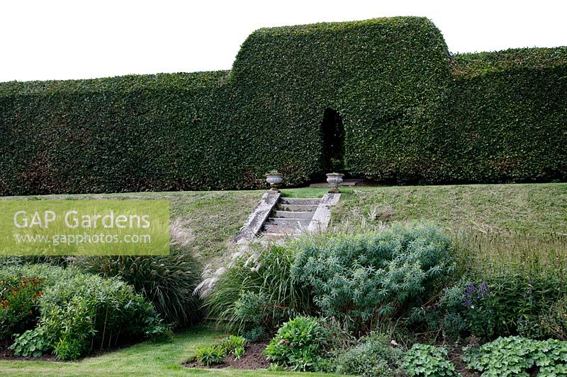 Topiary hedge with opening at Grendon Court, Herefordshire