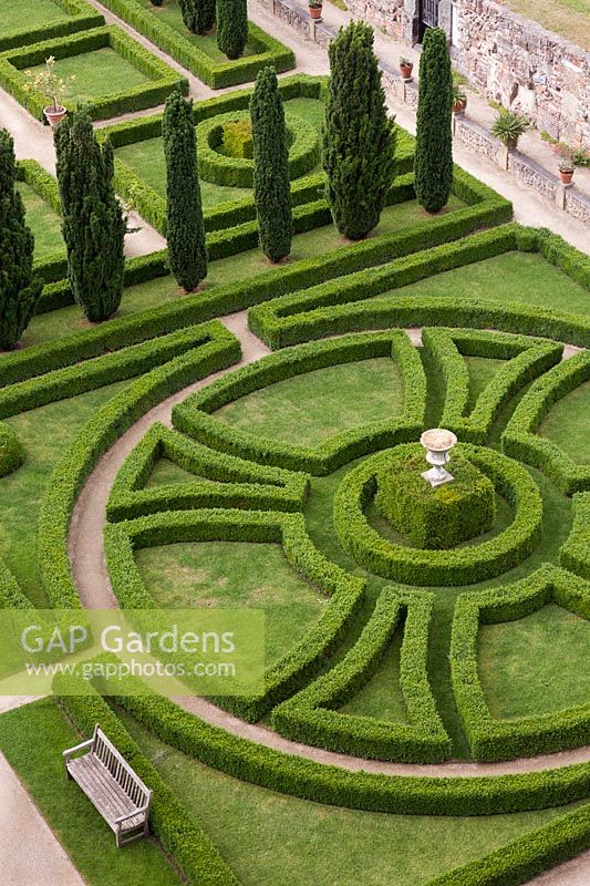 Aerial view of formal gardens with circular clipped box hedges and fastigiate yews - Holland
