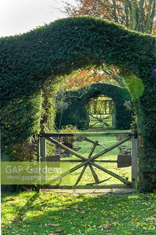 A pair of gates designed by George Carter set within yew hedges