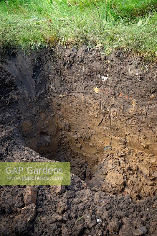 Checking soil profile by digging an inspection hole. Step 5 showing final pit revealing layers of top soil, subsoil and sub sub-soil