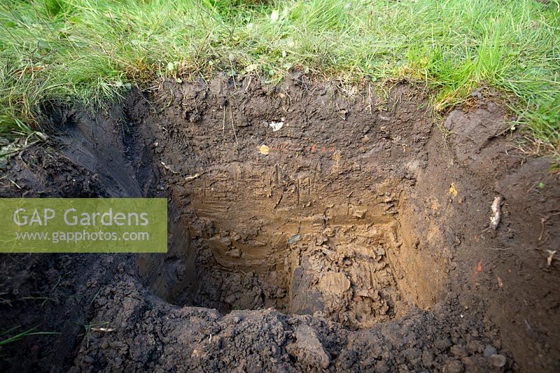 Checking soil profile by digging an inspection hole. Step 5 showing final pit revealing layers of top soil, subsoil and sub sub-soil