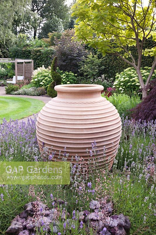 View across garden with large decorative terracotta pot surrounded by Heuchera 'Silver Scrolls', Lavandula angustifolia to lawn with flowerbeds containing Acers, Hydrangeas and Catalpa bignonioides 'Aurea' - July, Cheshire