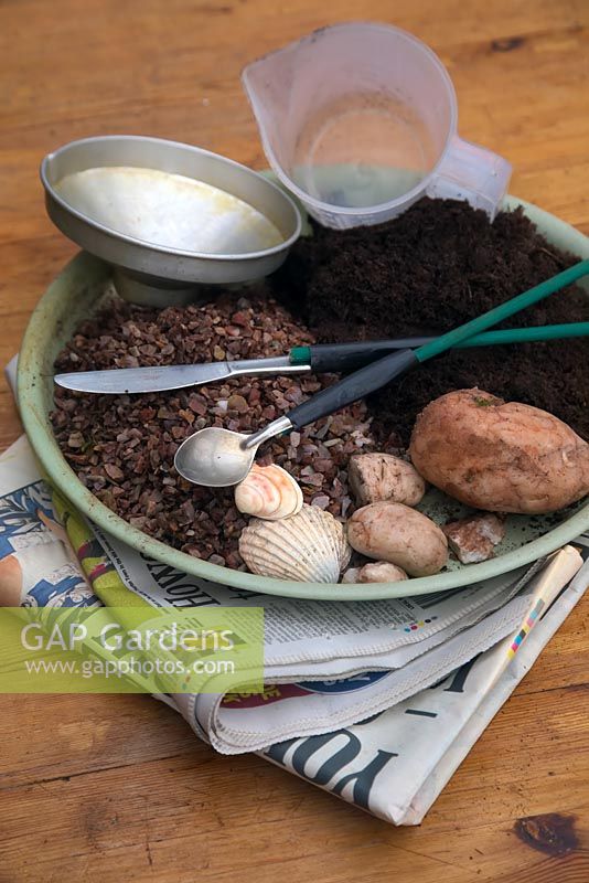 Equipment - compost, grit, pebbles, old newspaper, funnels, old cutlery suitably modified to use as tools. Step by step - How to plant a bottle garden. 