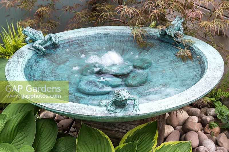 Bird bath and water feature with sculpted frogs. 
