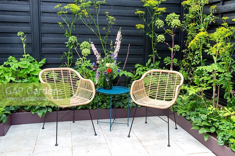 Stone paved patio and garden furniture metal blue table and with rattan metal framed chairs - painted black garden fence and small raised bed borders with Angelica - Hostas and ferns in a mainly green colour scheme