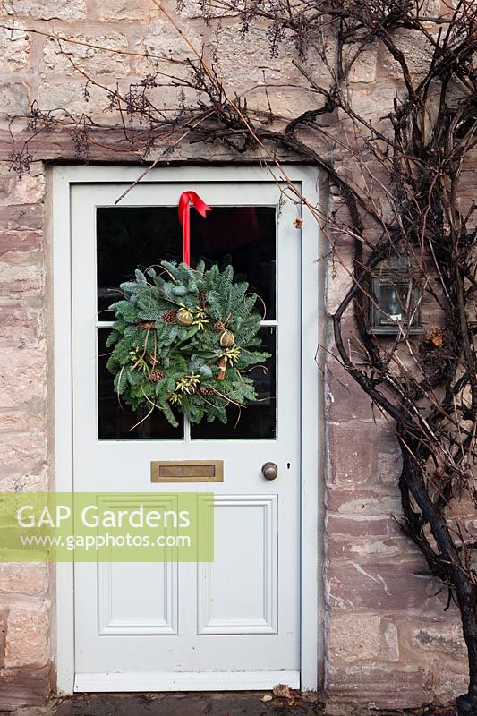 Christmas wreath with pine cones and cinnamon sticks on light grey door 