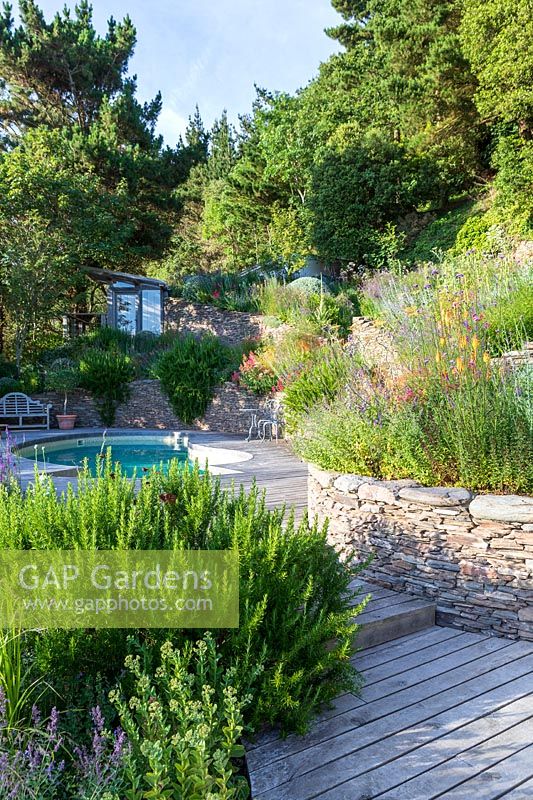 Informal planting on stone wall terraces, decked path to swimming pool beyond