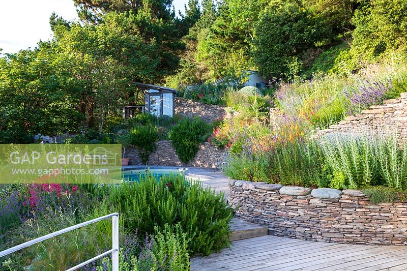 Stone walling terraces on slope with perennial planting 