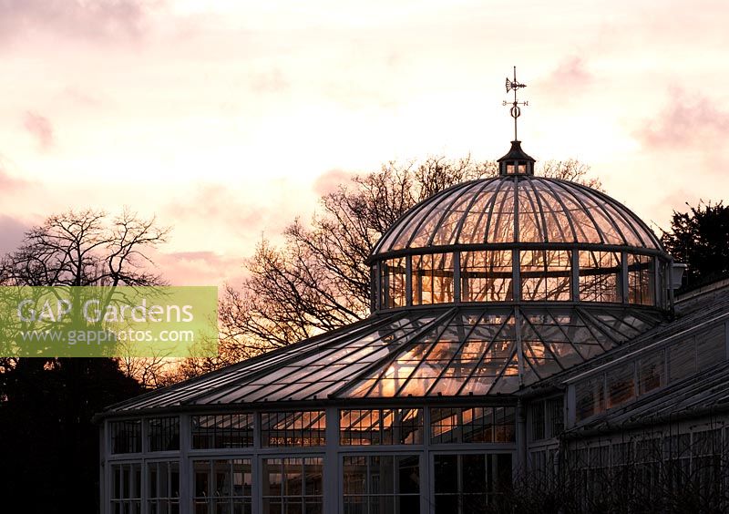The dome of the Chiswick House conservatory at sunset