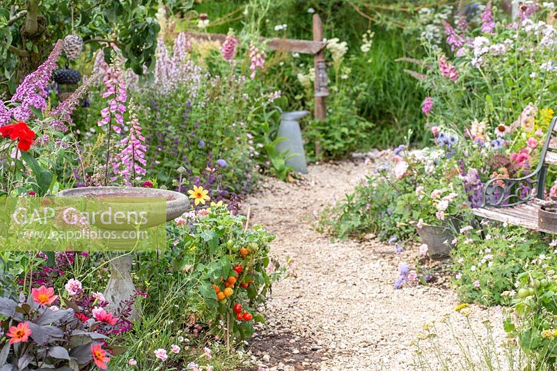 View along a crushed stone pathway through a wildlife friendly garden with stone bird bath. Springwatch Garden, Hampton Court Flower Show, 2019.
