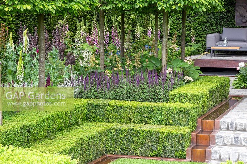 View of rill and cobble steps and path in formal garden, leading to seating area surrounded by stepped Buxus hedges, a flowerbed of Lysimachia atropurpurea 'Beaujolais' and Carpinus pleached. The Husqvarna Garden. RHS Chelsea Flower Show, 2016. Designer: Charlie Albone. Sponsor: Husqvarna.