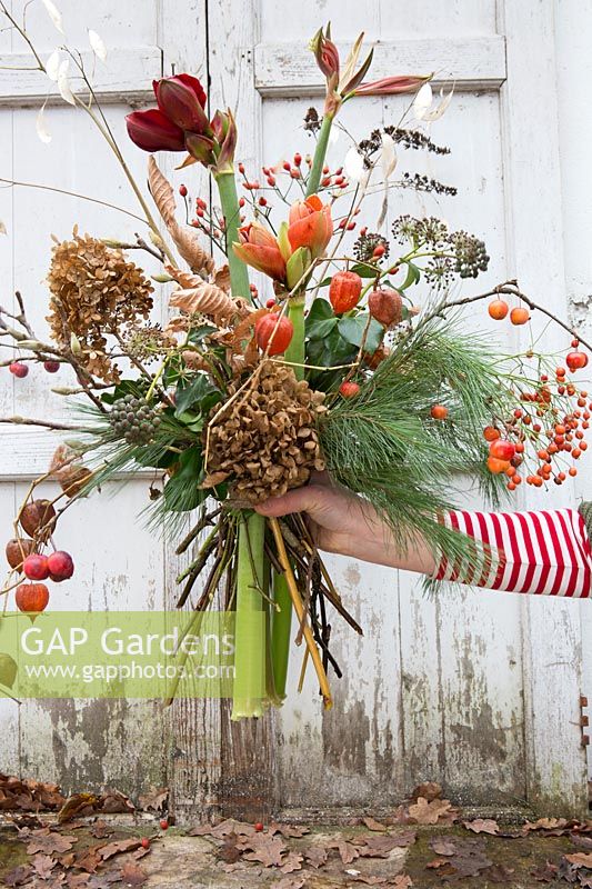 Woman holding floral arrangement with Hippeastrum, Hydrangea, Physalis, Rosehips, Seedheads and pine foliage. Styling: Marieke Nolsen