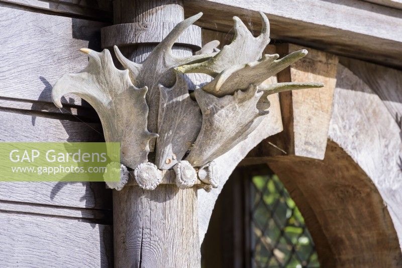 Detail of the temple made from green oak and topped with antlers from the estate, designed by Julian and Isabel Bannerman in the Collector Earl's Garden at Arundel Castle, West Sussex in May
