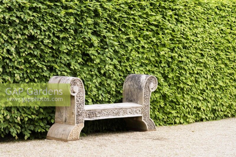Green oak bench with rusticated effect in the Collector Earl's Garden at Arundel Castle, West Sussex in May