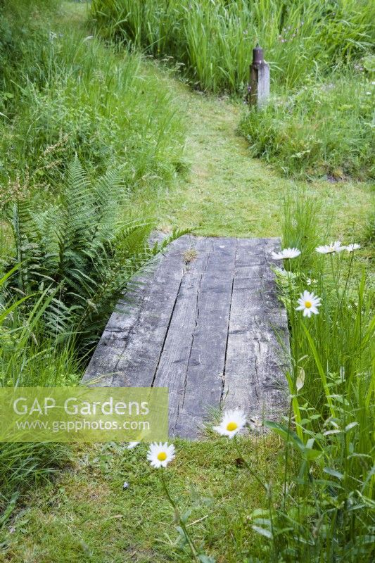 Railway sleepers make a simple bridge across a ditch in a country garden in June