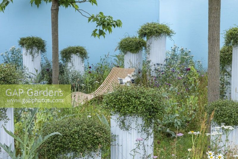 Garden of Solitude. A chaise longue is set amidst an informal planting of sea hollies, thistles, yarrows and scabious. Tall planters cascade with woolly cushions of Muehlenbeckia.