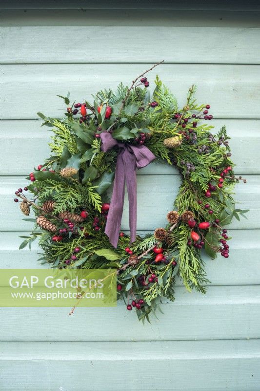 Christmas wreath with evergreen foliage; foraged berries, cones and rosehips with ribbon