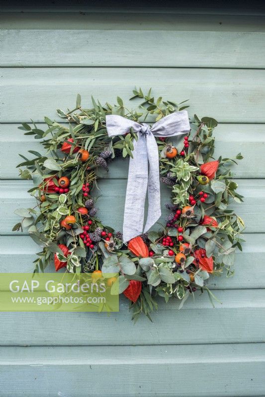 Christmas wreath with eucalyptus; berries; cones; rosehips and Physalis alkekengi