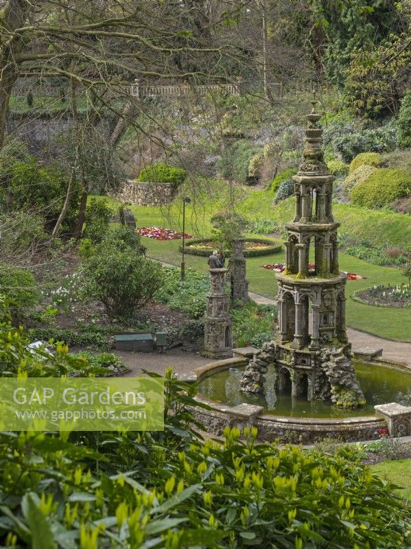 Ornate water fountain ,Plantation garden in Norwich Norfolk Mid April   Norfolk