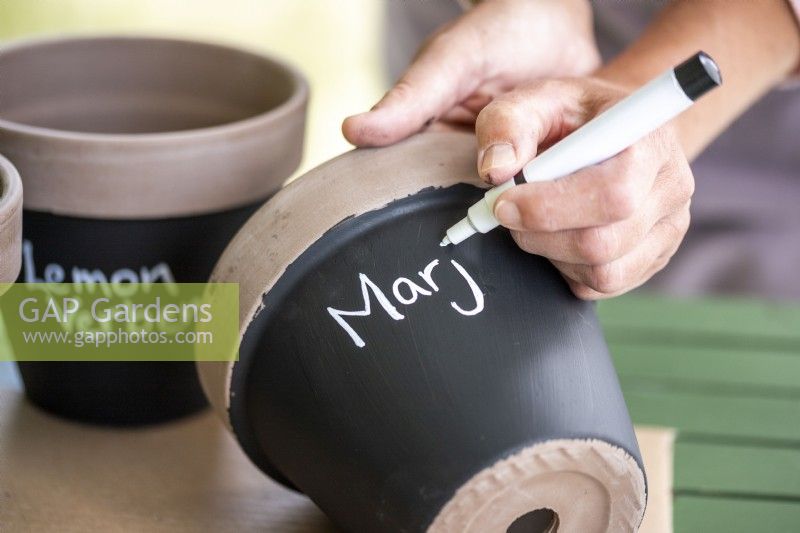 Writing plant names on the pots with a chalk pen