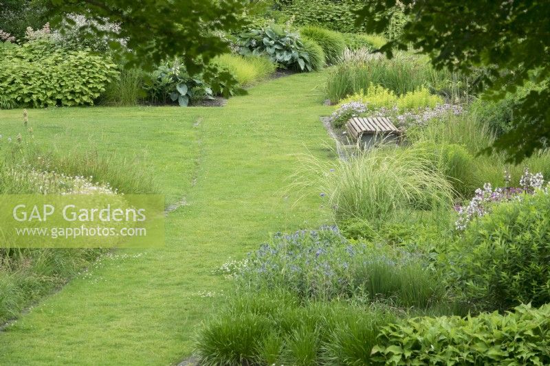 Overview of the garden with wooden bench and path in the lawn. Mixed borders.