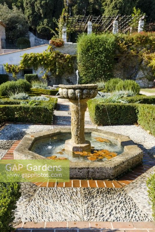 Central circular fountain with brick and inlaid pebble paving, in parterre with rosemary, box, lavender. Leaves float on the surface of the pool. Garden of the Cimiez Monastery, Jardin du Monastere de Cimiez, Nice.