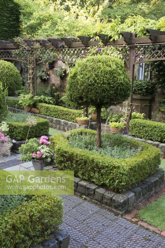 Secluded parterre garden with paths and walls made of reclaimed cobbles and station platform tiles. Planted with Buxus sempervirens hedges infilled with Lavandula angustifolia, and Thuja standards