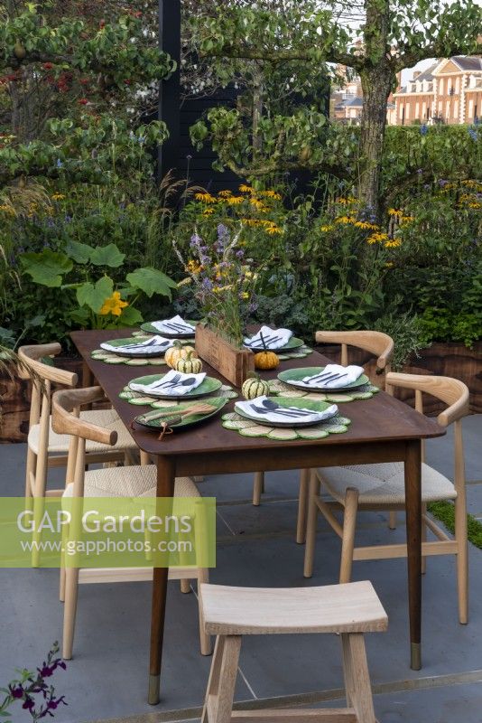The Parsely Box Garden, is designed for outdoor entertaining.  The table on the terrace enclosed by espalier fruit trees, Malus 'Evereste' and Prunus lusitanica which are underplanted with herbs, courgettes and Rudbeckia fulgida Goldsturm.
