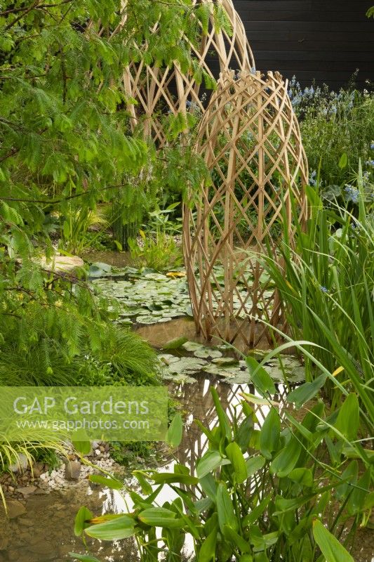 Laminated bamboo grid structures in a pool surrounded by aquatic plants including Nymphaea and Pontederia cordata  the Guangzhou China: Guangzhou Garden, winner of the best show garden.