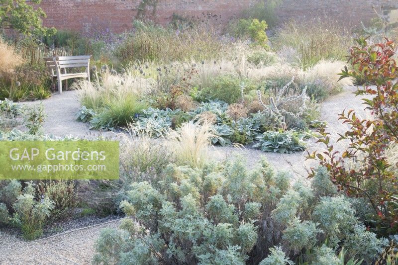 View of the Mediterranean area in the contemporary walled Paradise Garden, in Autumn. Planting includes Stipa lessingiana,  Artemisia â€˜Powis Castleâ€™, Stachys byzantina â€˜Big Earsâ€™ and Euonymus europaeus 'Red Cascade'