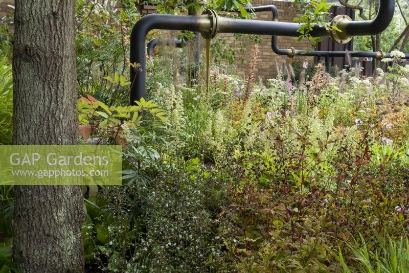 M and G Garden, transforms an urban wasteland, incorporating the old pipes which are softend  by the plants. 