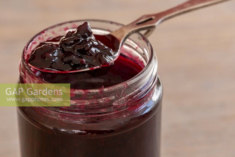 A spoonful of homemade blackcurrant jam.  It has a tart flavour. 
