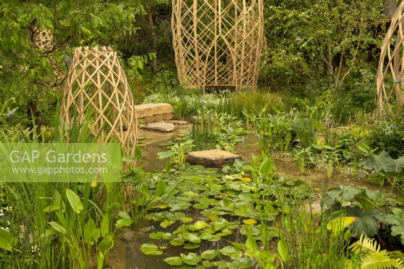 Laminated bamboo structures surrounded by aquatic plants in the Guangzhou China Garden.