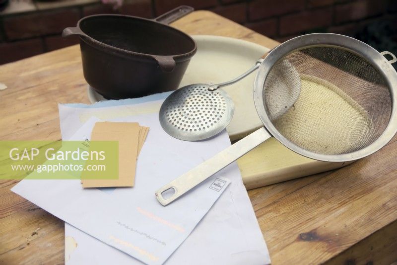 Domestic sieves, containers and storage envelopes for cleaning garden saved seeds