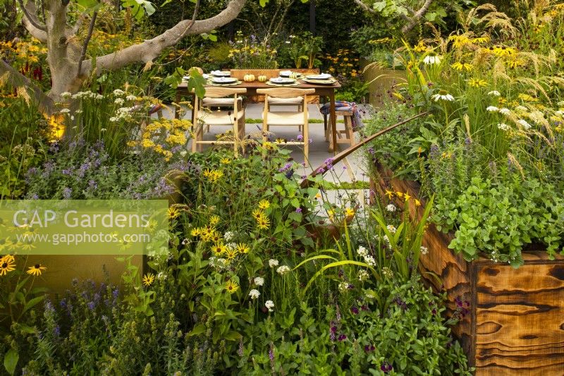 A dining area surrounded by perennials in wood and metal containers.  