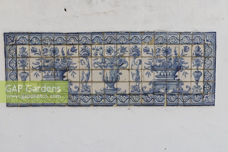 Rectangular section of wall faced with blue glazed tiles known as Azulejos. Seixal, near Setubal, Portugal,September