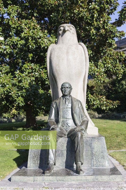 Statue of Calouste Gulbenkian with Falcon god Horus. Lisbon, Portugal, September. 