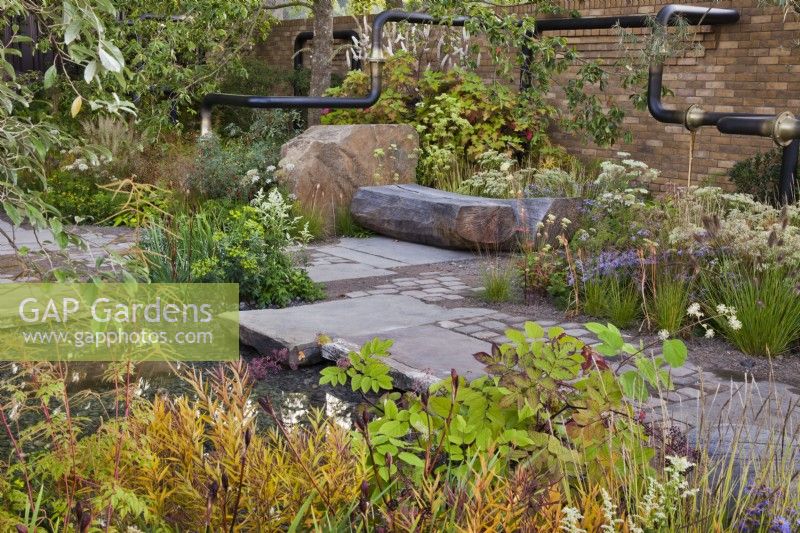 Mixed autumn borders and a view across to the wooden seat. Plants are Aster cordifolius, Iris sibirica seedheads, Pennisetum alopecuroides 'Cassian's Choice', Amsonia illustrius and Artemisia lactiflora. The M&G Garden, RHS Chelsea Flower Show 2021