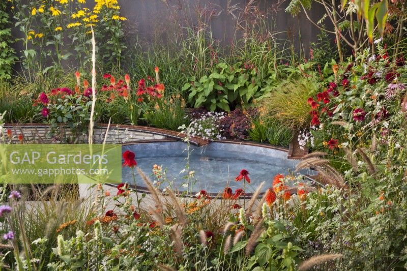 A rill flowing into a pool surrounded with colorful planting including Echinacea 'Eccentric', Persicaria amplexicaulia 'Fire Dance' Erigeron 'Lavender Lady, Dahlia 'Black Narcissus', Sedum 'Jose Aubergine', Pennisetum,  Kniphofia and Miscanthus sinensis. Finding our Way: An NHS Tribute Garden at RHS Chelsea Flower Show 2021 