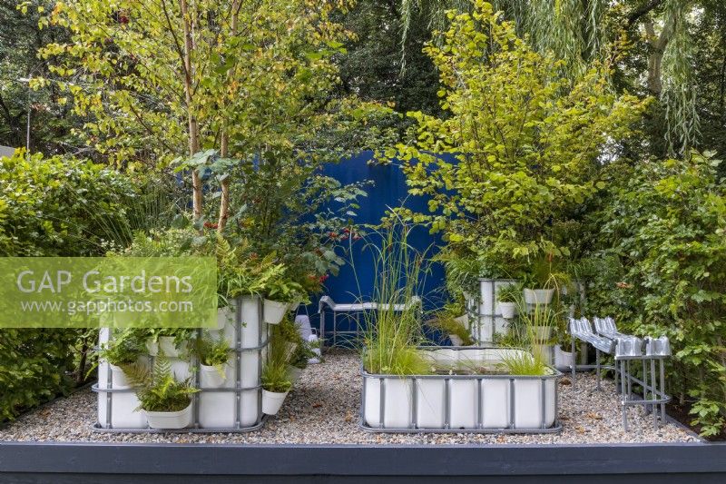 The IBC Pocket Forest Garden. Ideas for using repurposed industrial containers to create multi-layered 'forest' plantings, ponds with aquatics and metal seats.