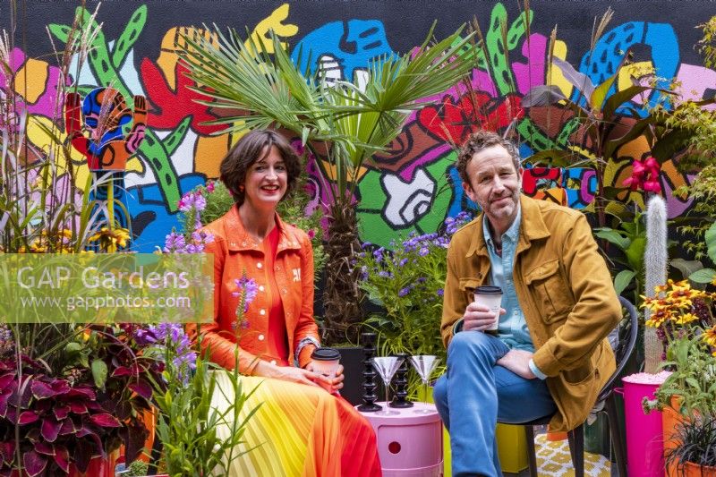 Pop Street Garden. Actor Chris O'Dowd with garden designer Jane Porter enjoying morning coffee on the Pop Street Garden ,designed by John McPherson.