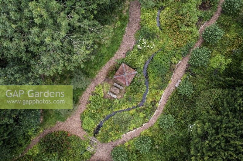 Aerial view of the bog garden at the Old Rectory, Netherbury, Dorset in August