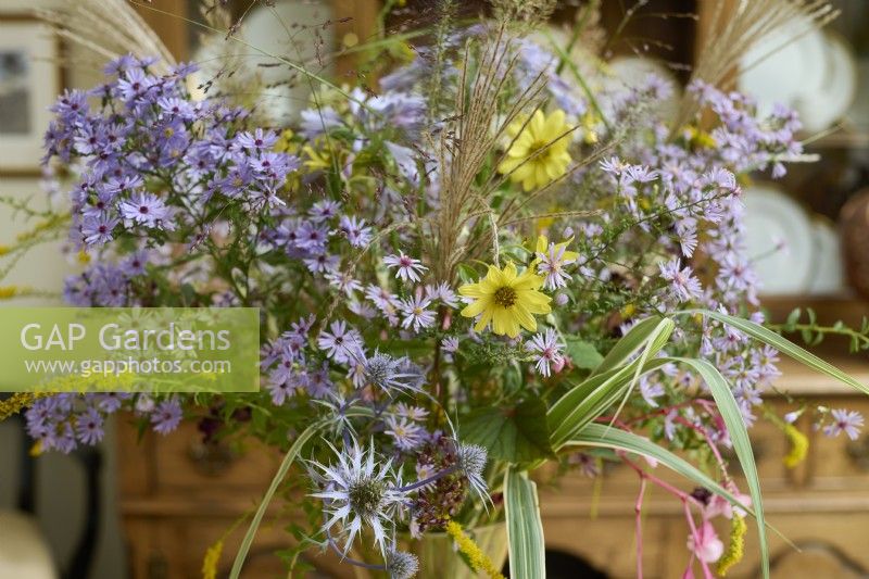 A vase of autumn flowers and grasses including Symphyotrichum 'Little Carlow', Helianthus giganteus 'Sheila's Sunshine', Eryngium x zabelii, Miscanthus sinensis 'Silberfeder' and Arundo donax var. versicolor picked from the garden and arranged in a vase