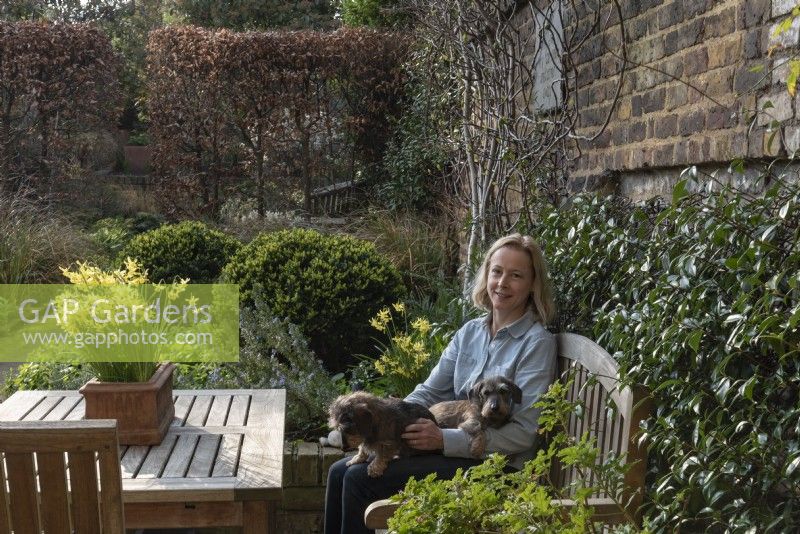 Women sitting at the garden table with her dogs, surrounded by Narcissus 'Hawera', Trachelospermum jasminoides, with Buxus sempervirens spheres and a Beech hedge - Fagus sylvatica in the background.