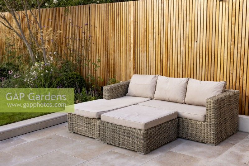 Patio and seating area in contemporary garden