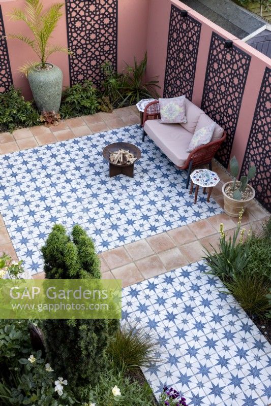 Aerial view of Moroccan style patio in suburban garden